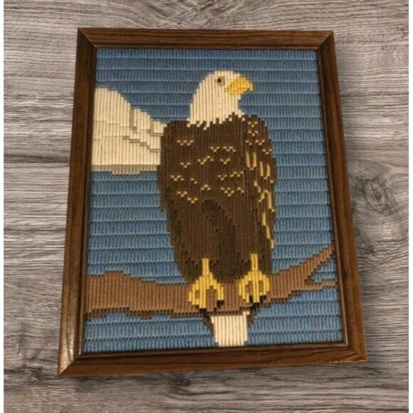 Bald Eagle Needlepoint Crewel Wooden Frame Longstitch Patriotic American Art Vtg - Picture 1 of 14